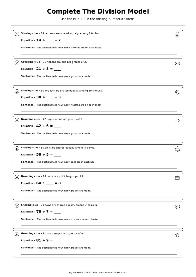 Complete the division model worksheet for Grade 3
