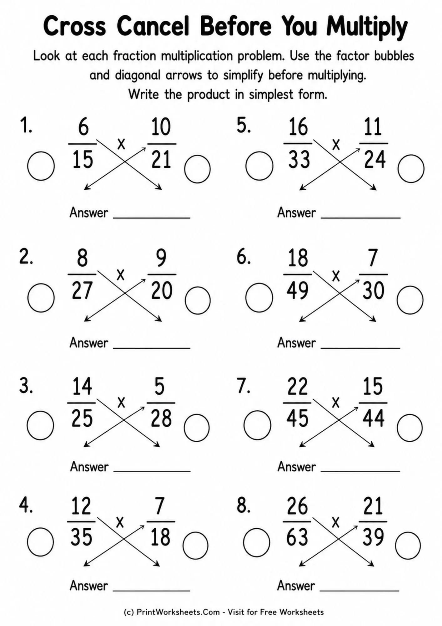 Fractions Worksheet - Simplify Fractions Before Multiplying Worksheets for Grade 5 | Free Printable