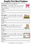 Grade 5 fraction multiplication word problems with spaces for equations, simplification steps, and final answers