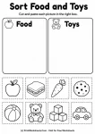 Cut and paste sorting objects by category worksheets food and toys