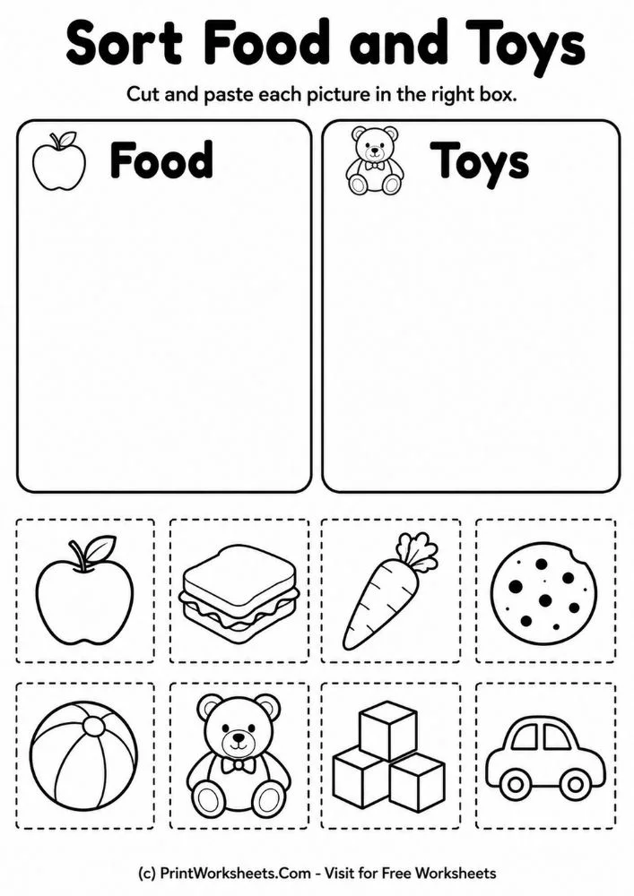 Cut and paste sorting objects by category worksheets food and toys