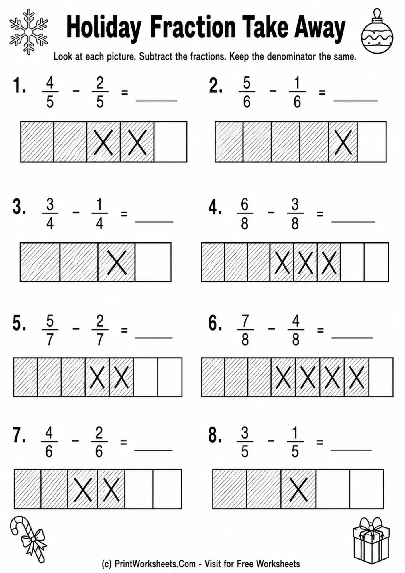 Fractions Worksheet - Subtract Fractions with Like Denominators Worksheets for Grade 4 | Free Printable