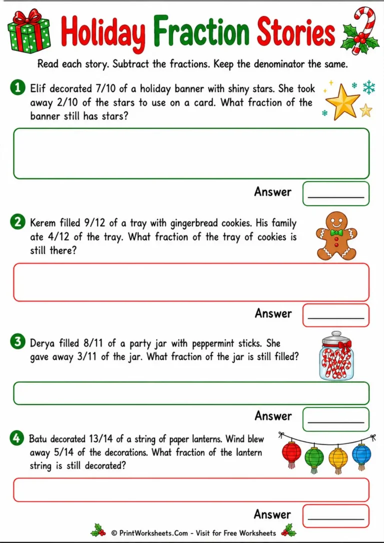 subtract-fractions-with-like-denominators-worksheets-for-grade-4-page-5 Fraction subtraction word problems with like denominators for Grade 4