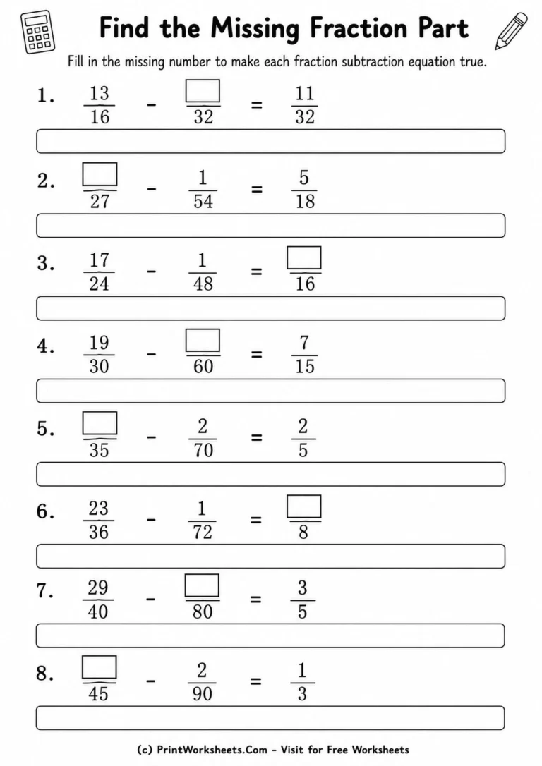 Missing number fraction subtraction equations for Grade 5