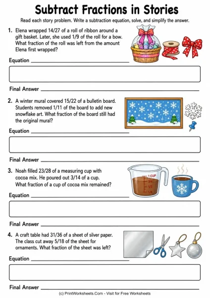 Grade 5 Fraction Subtraction Worksheets and Word Problems