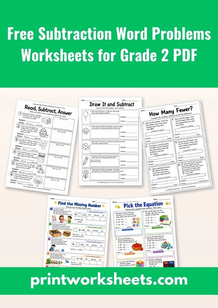 Word Problems Worksheet - Free Subtraction Word Problems Worksheets for Grade 2 PDF | Free Printable