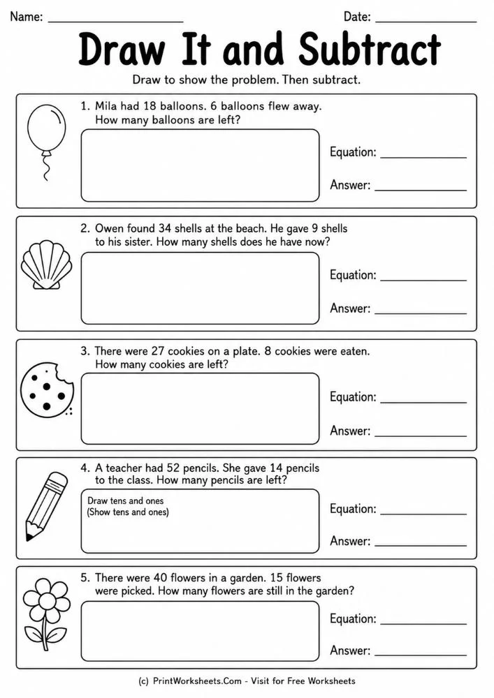 subtraction-word-problems-worksheets-for-grade-2-page-2 Draw and solve subtraction word problems worksheets for grade 2