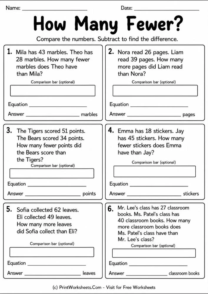 subtraction-word-problems-worksheets-for-grade-2-page-3 How many fewer comparative subtraction math practice