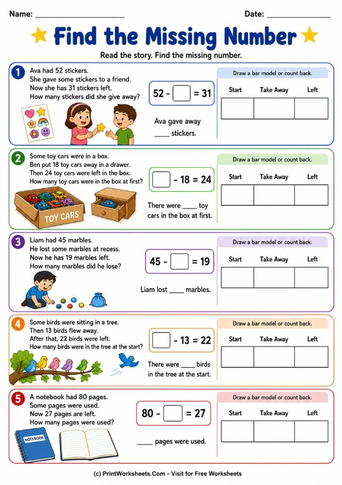 subtraction-word-problems-worksheets-for-grade-2-page-4 Find the missing number subtraction word problems worksheets