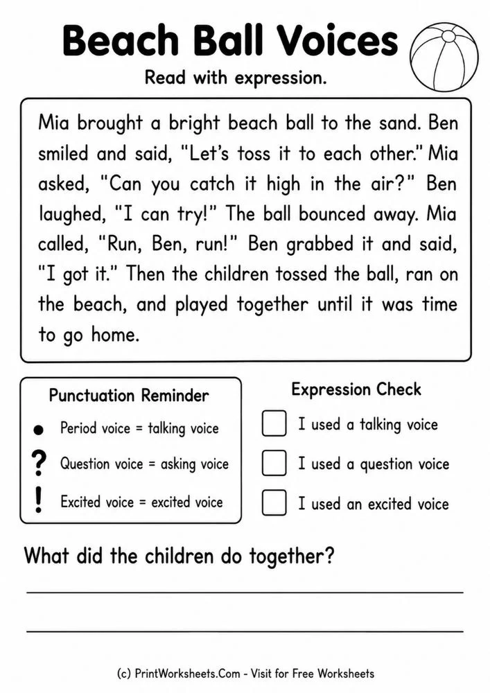 summer-reading-fluency-passages-for-grade-1-page-3 Reading with expression beach ball voices worksheet