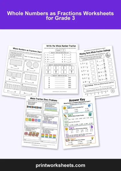 Whole Numbers as Fractions Worksheets for Grade 3