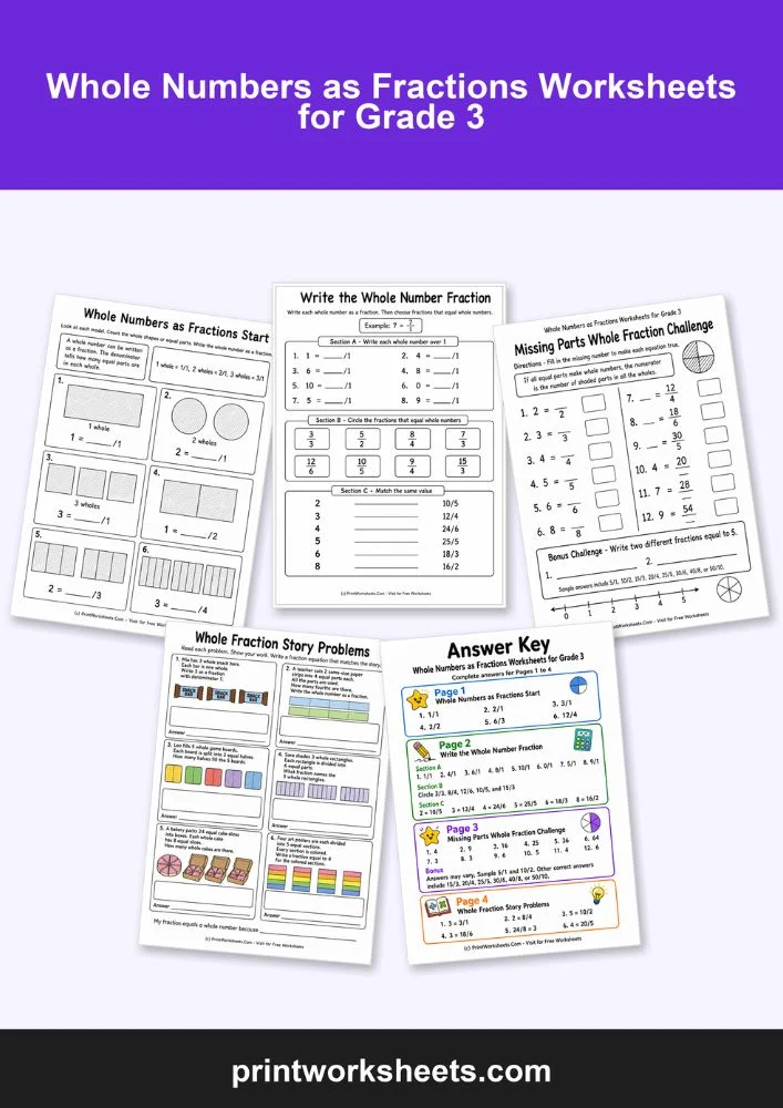 Fractions Worksheet - Whole Numbers as Fractions Worksheets for Grade 3 | Free Printable