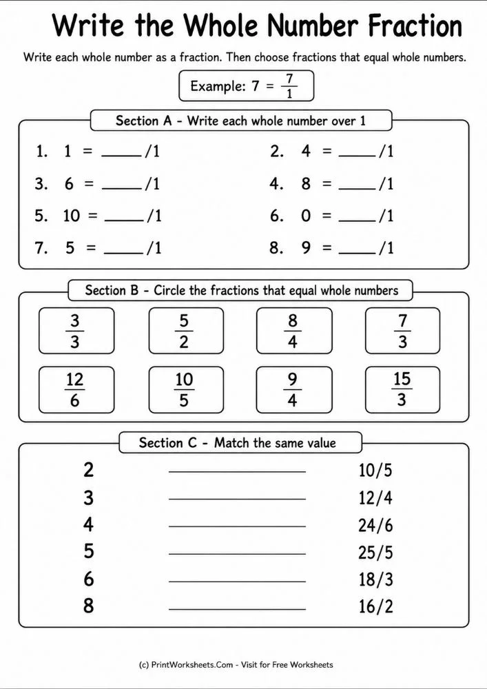 Write the Whole Number Fraction Worksheet Whole number fraction writing matching and selection practice