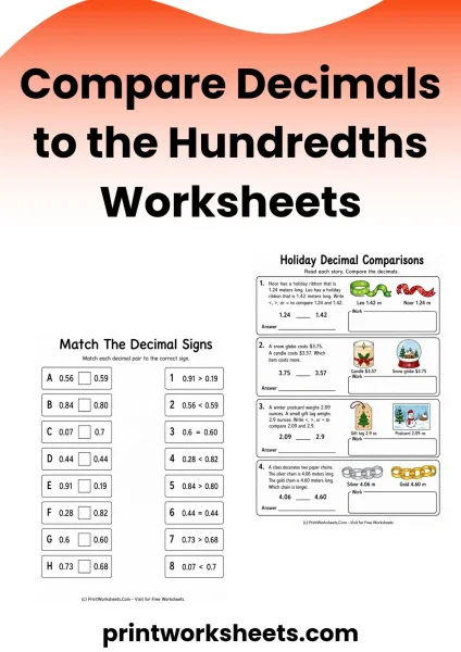 Compare Decimals to the Hundredths Worksheets for Grade 4