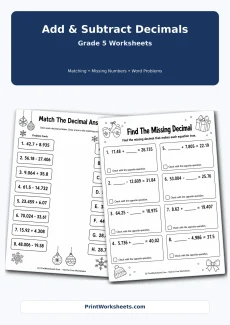 Decimals Worksheets Worksheet - Add and Subtract Decimals Worksheets for Grade 5 | Free Printable