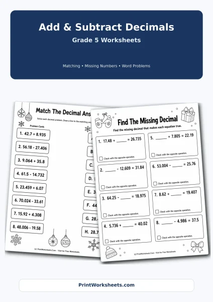 Add and Subtract Decimals Worksheets for Grade 5