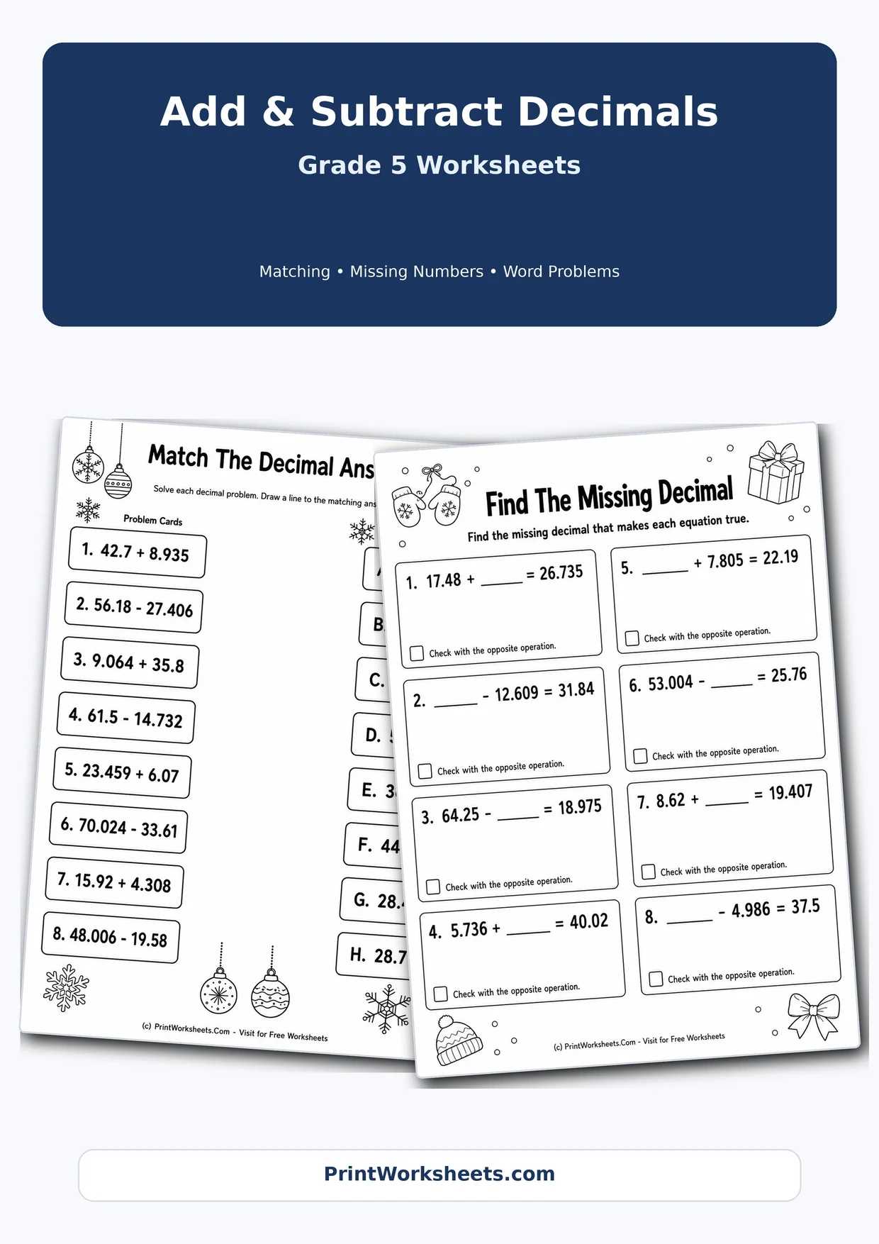Decimals Worksheets Worksheet - Add and Subtract Decimals Worksheets for Grade 5 | Free Printable