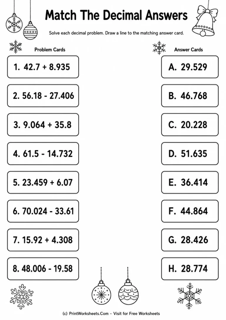 Match the Decimal Answers Worksheet Grade 5 decimal addition and subtraction matching worksheet