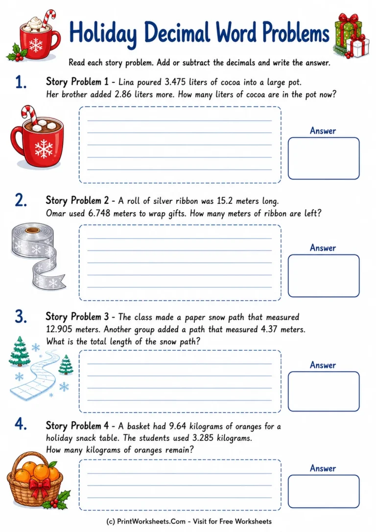 Holiday Decimal Word Problems Worksheet Grade 5 decimal addition and subtraction word problems