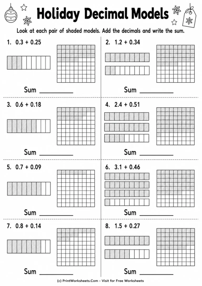 Holiday Decimal Models Addition Worksheet Grade 4 decimal addition with tenths and hundredths models