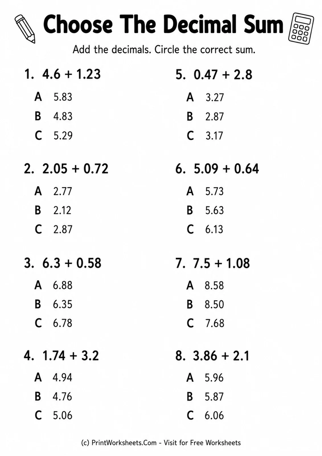 Decimals Worksheets Worksheet - Add Decimals with Tenths and Hundredths Worksheets for Grade 4 | Free Printable