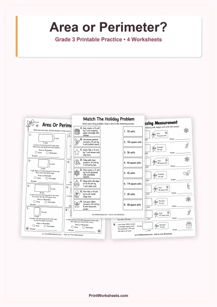 Area and Perimeter Word Problems Worksheets for Grade 3