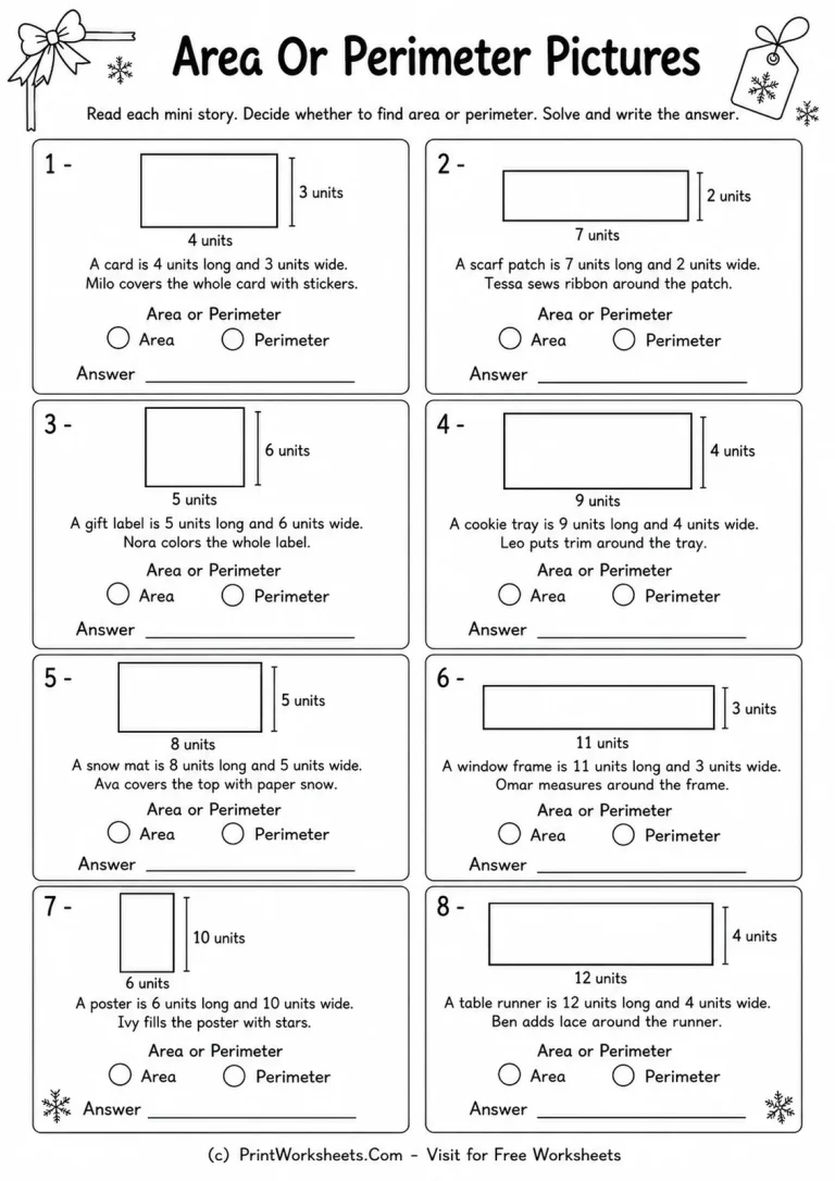 Grade 3 area or perimeter word problems worksheet with eight rectangle mini stories
