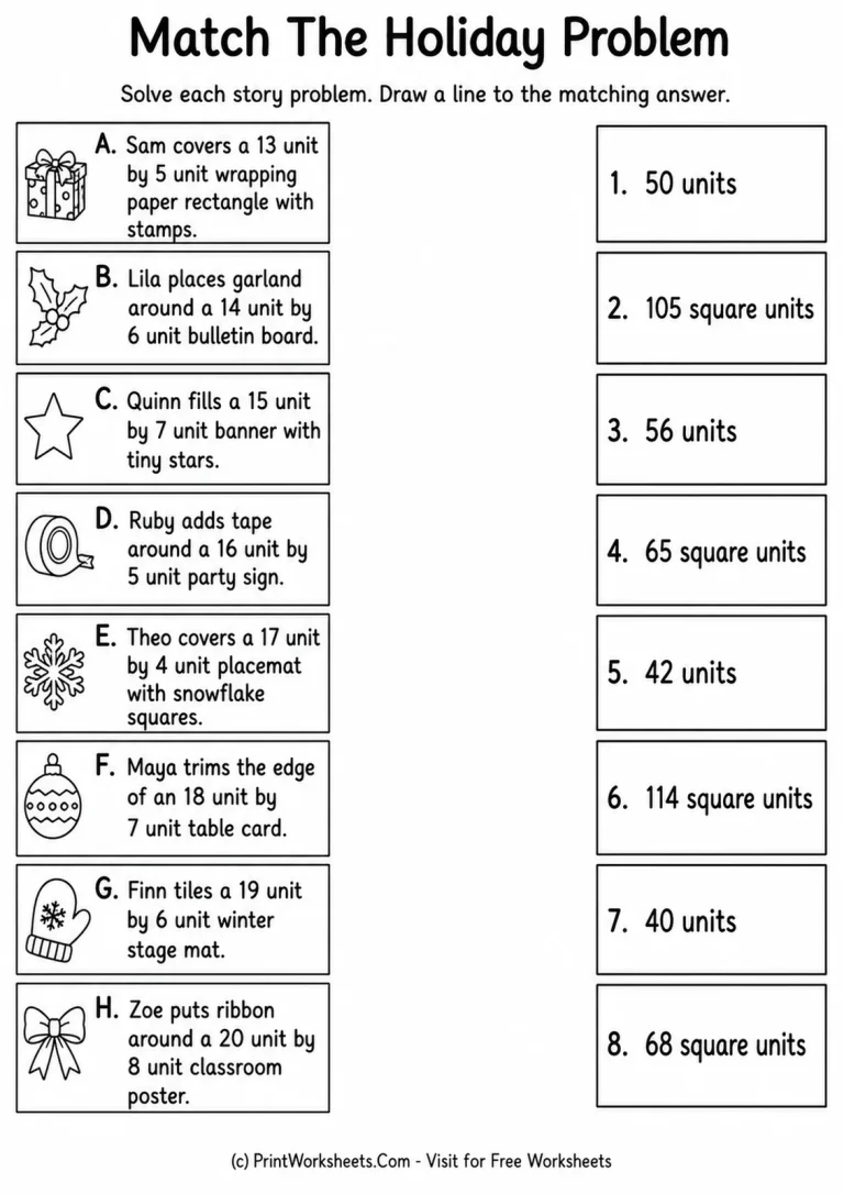 Grade 3 matching area and perimeter holiday word problems worksheet