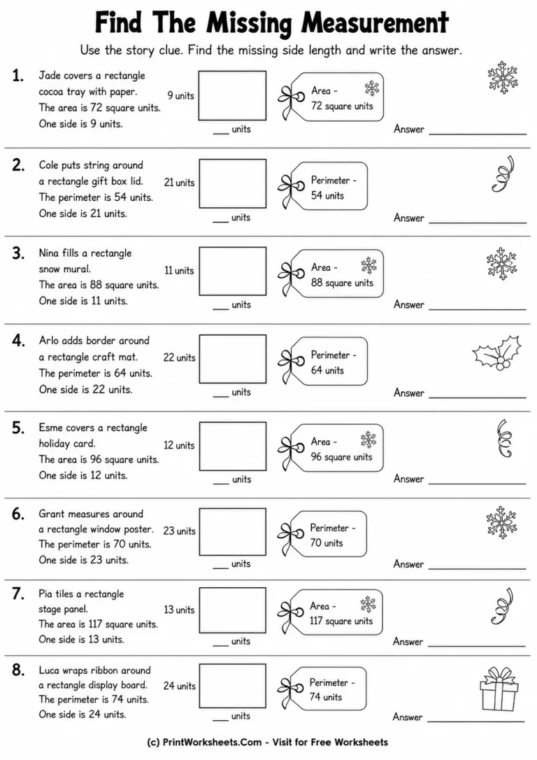 Grade 3 missing side length worksheet using rectangle area and perimeter clues
