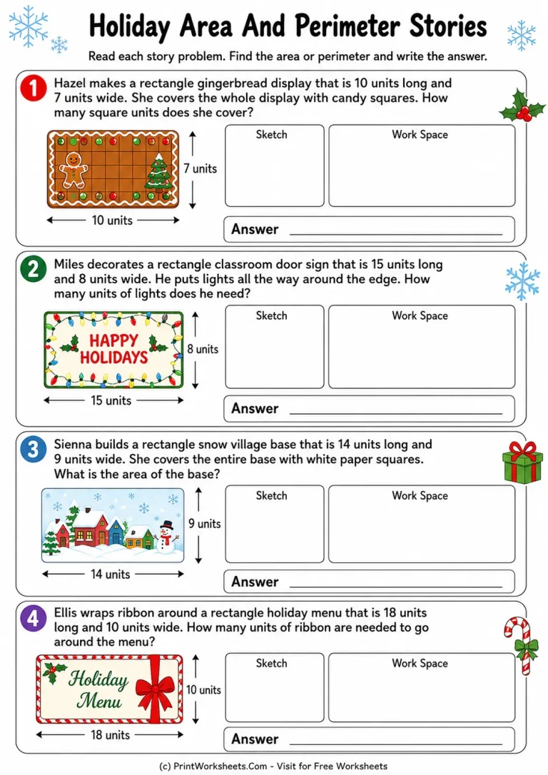 Grade 3 holiday area and perimeter story problems worksheet with sketch and work space
