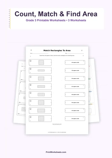 Area of Rectangles with Unit Squares Worksheets for Grade 3