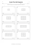 Grade 3 area worksheet with eight rectangles made of unit squares for counting area in square units