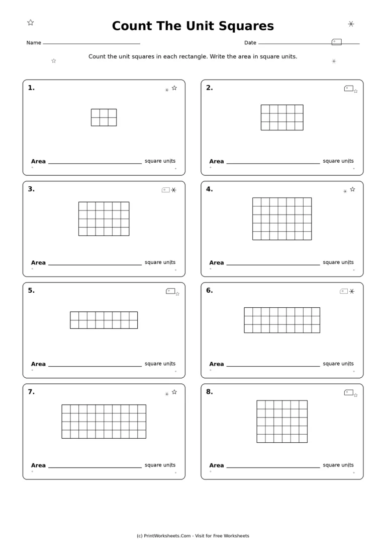 Count the Unit Squares Grade 3 Area Worksheet Grade 3 area worksheet with eight rectangles made of unit squares for counting area in square units