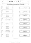 Grade 3 matching worksheet with unit-square rectangles and area choices from 18 to 56 square units