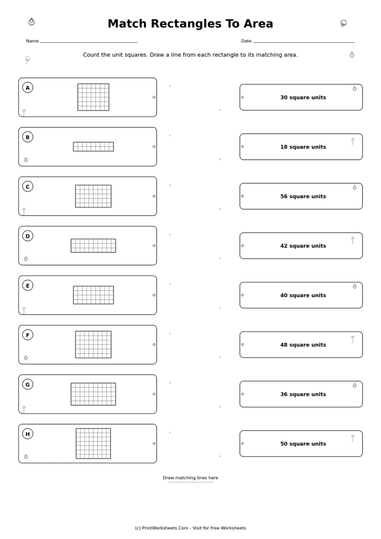 Match Rectangles to Area Grade 3 Worksheet Grade 3 matching worksheet with unit-square rectangles and area choices from 18 to 56 square units