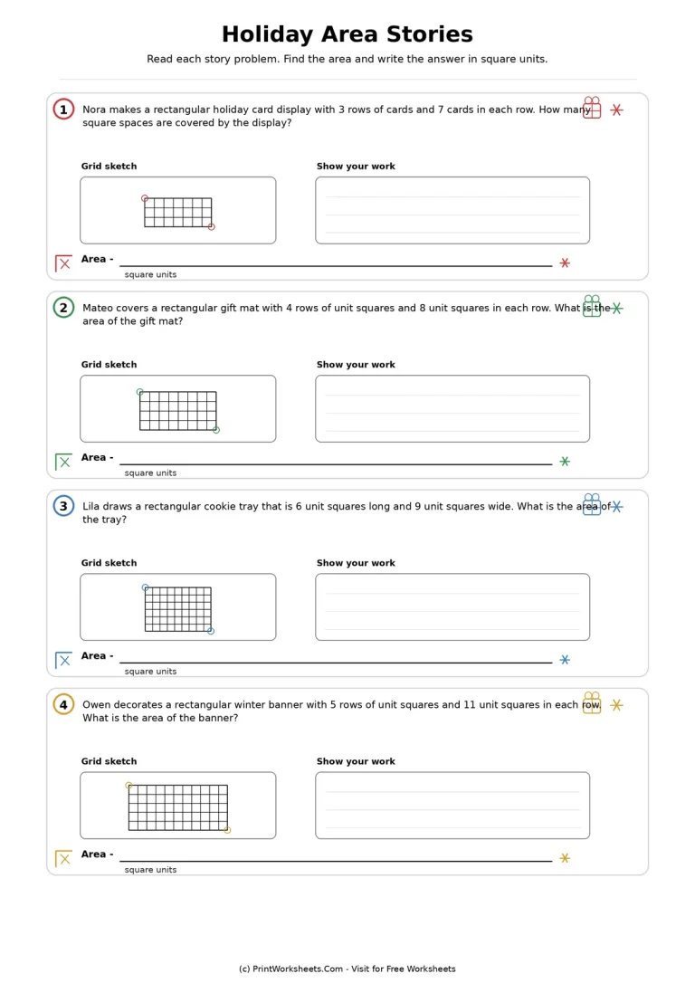 Holiday Area Stories Grade 3 Worksheet Grade 3 rectangle area story problems with holiday contexts, unit-square grids, and show-your-work spaces