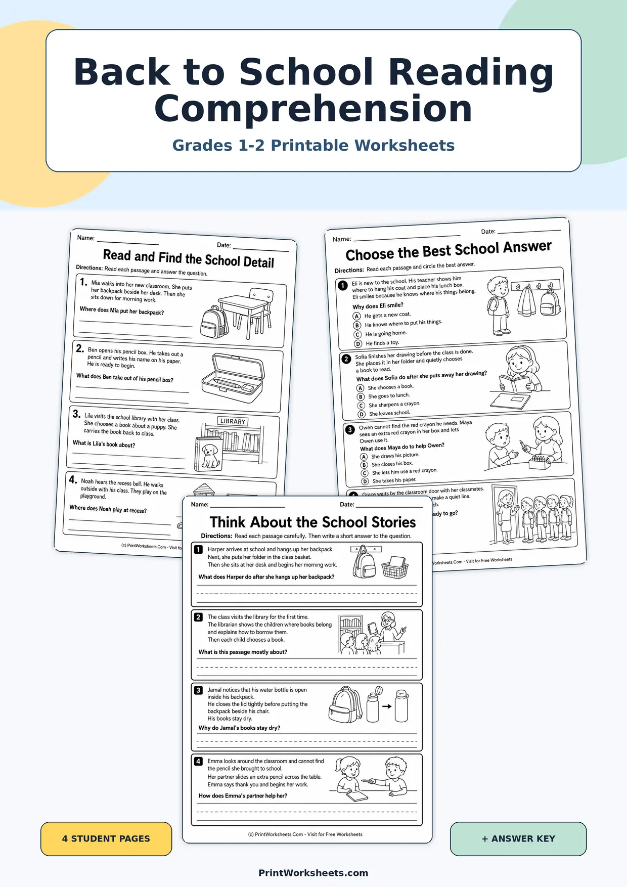 Back to School Worksheets Worksheet - Back to School Reading Comprehension Passages for Grades 1-2 | Free Printable