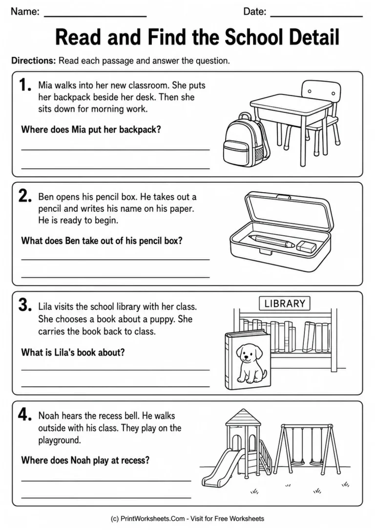 Read and Find the School Detail Worksheet School detail reading comprehension worksheet for early readers