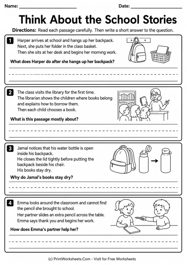 Think About the School Stories Worksheet Short answer school stories reading comprehension worksheet