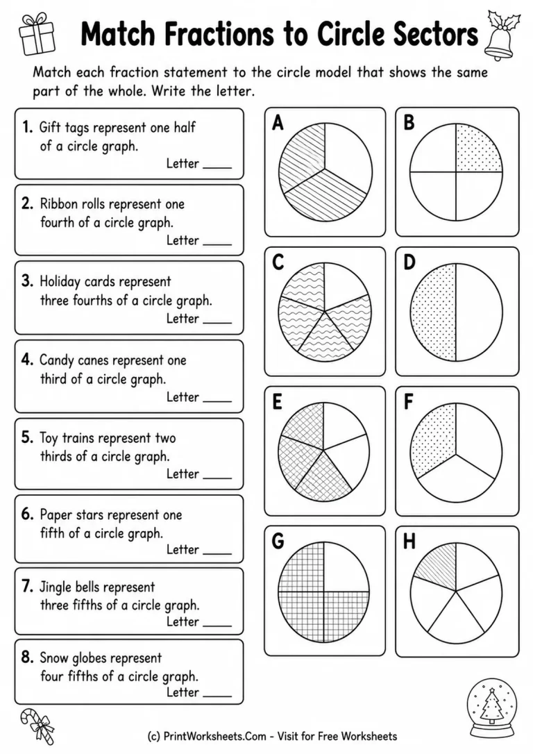 Match Fractions to Circle Sectors Match Fractions to Circle Sectors printable worksheet