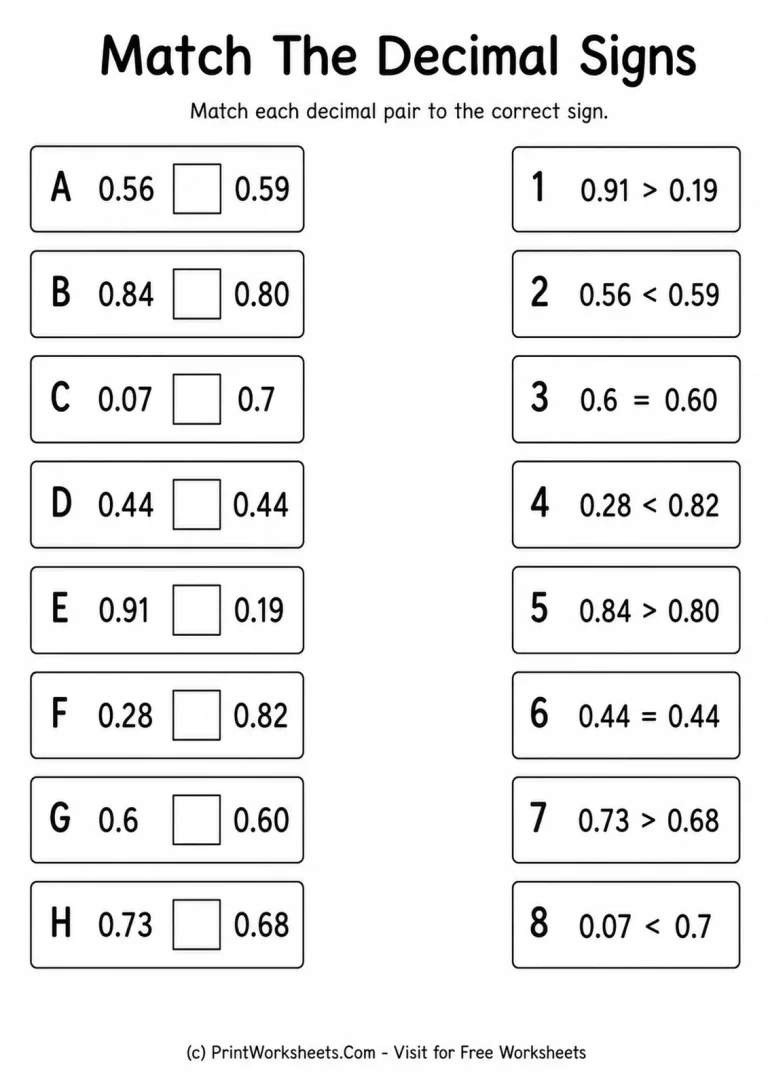 Match the Decimal Signs Worksheet Grade 4 decimal comparison sign matching worksheet