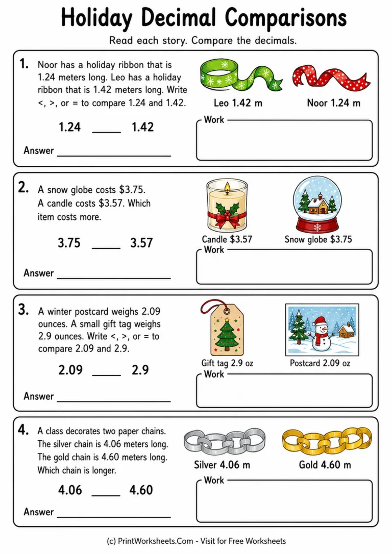 Decimal Comparison Word Problems Grade 4 decimal comparison word problems worksheet