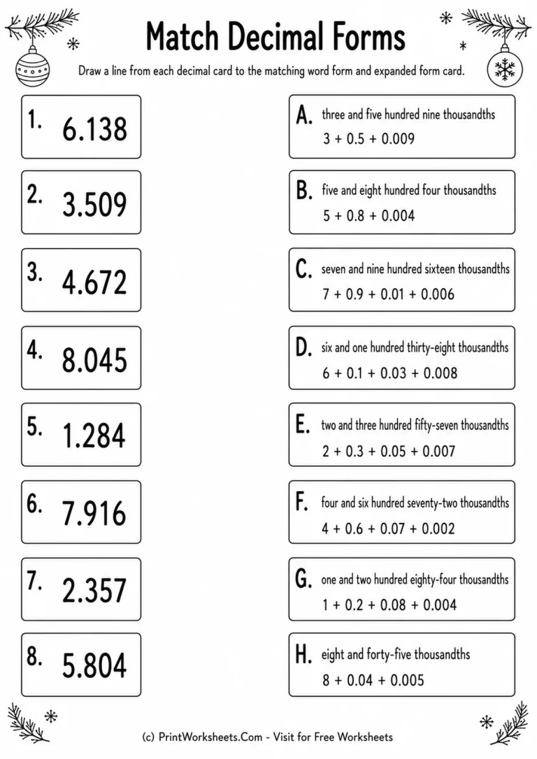 Match Decimal Forms to Thousandths Grade 5 matching decimal forms through thousandths worksheet