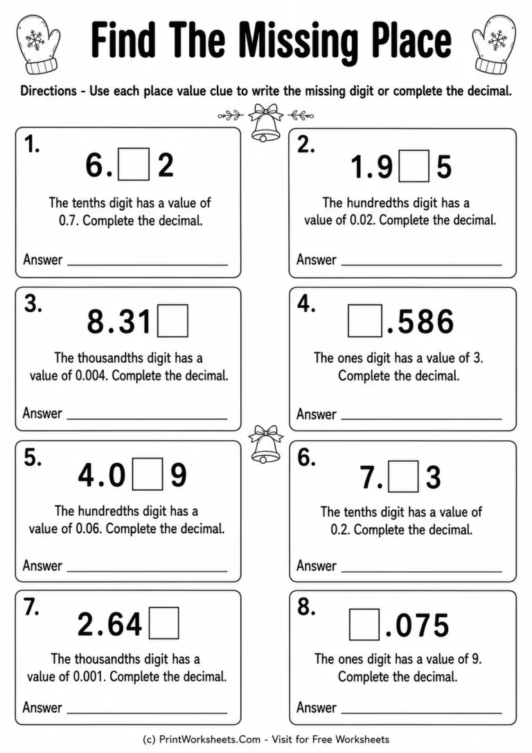 Find the Missing Decimal Place Missing digit decimal place value worksheet for Grade 5