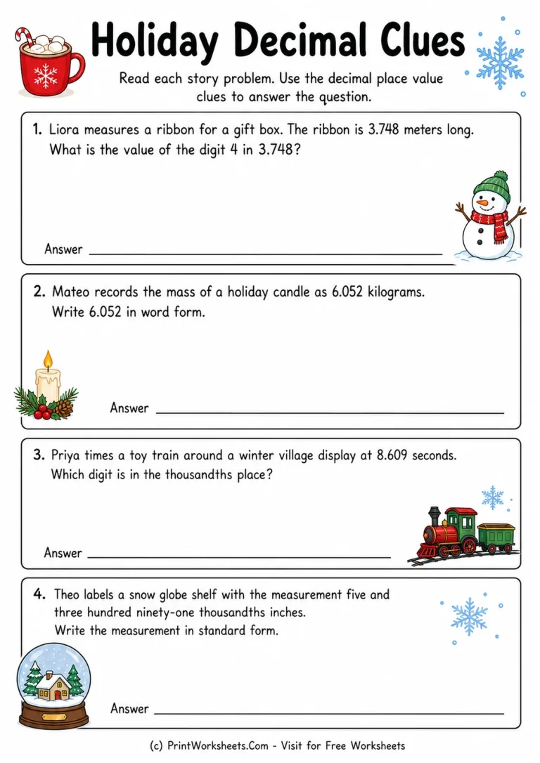 Holiday Decimal Place Value Clues Grade 5 decimal thousandths holiday place value problems