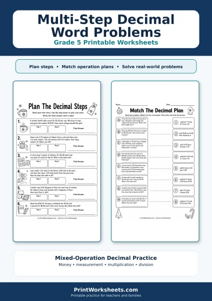 Multi-Step Decimal Word Problems Worksheets for Grade 5