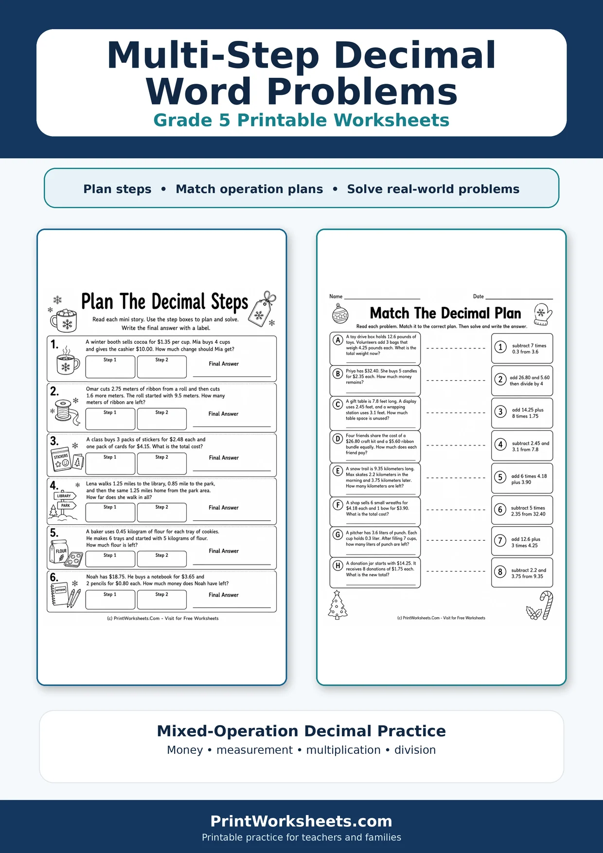 Decimals Worksheets Worksheet - Multi-Step Decimal Word Problems Worksheets for Grade 5 | Free Printable
