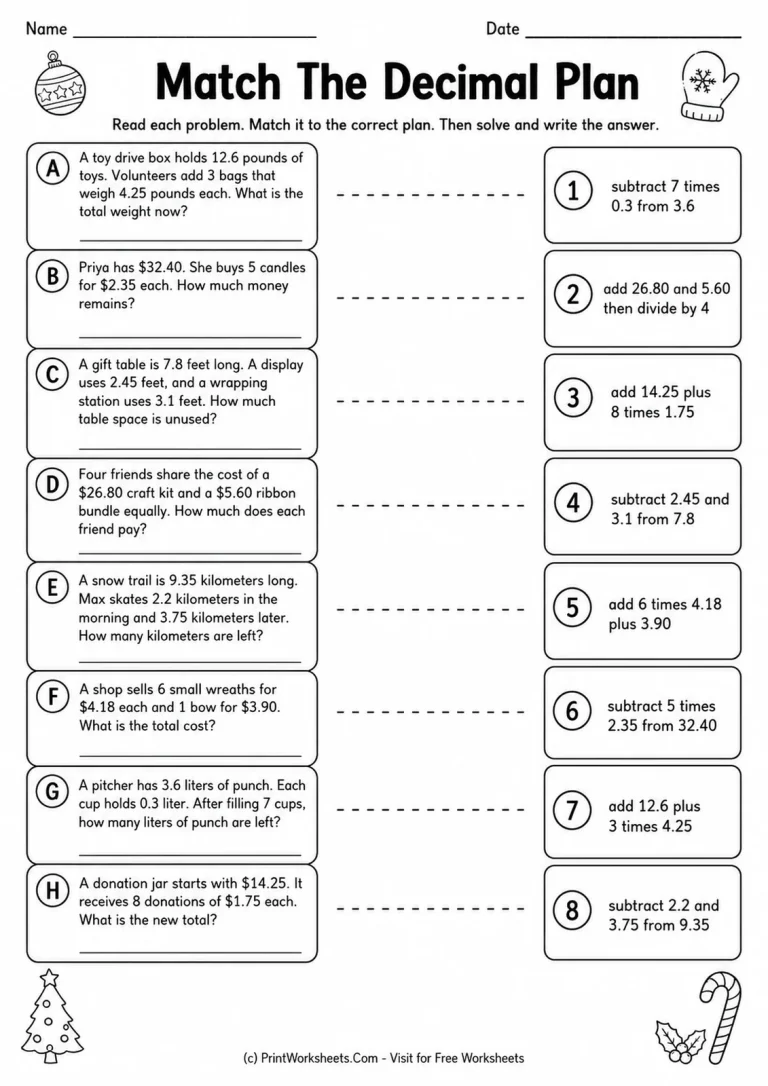Match the Decimal Plan Worksheet Match decimal word problems to operation plans