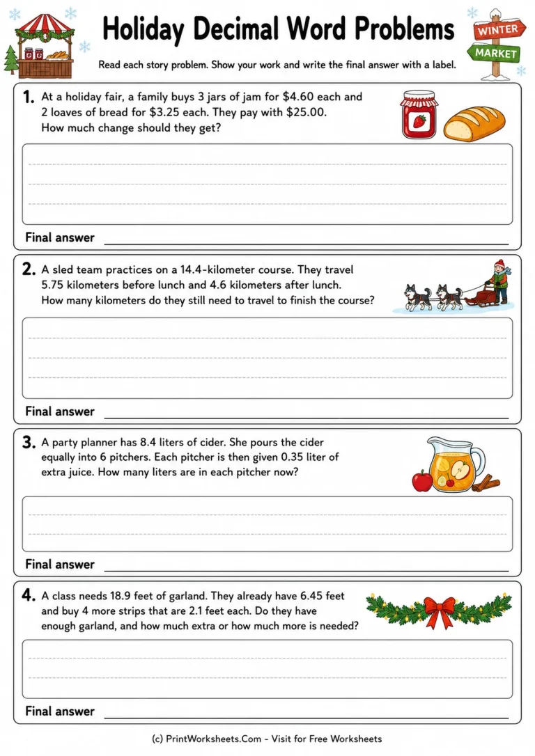 Holiday Decimal Word Problems Worksheet Holiday multi-step decimal word problems worksheet