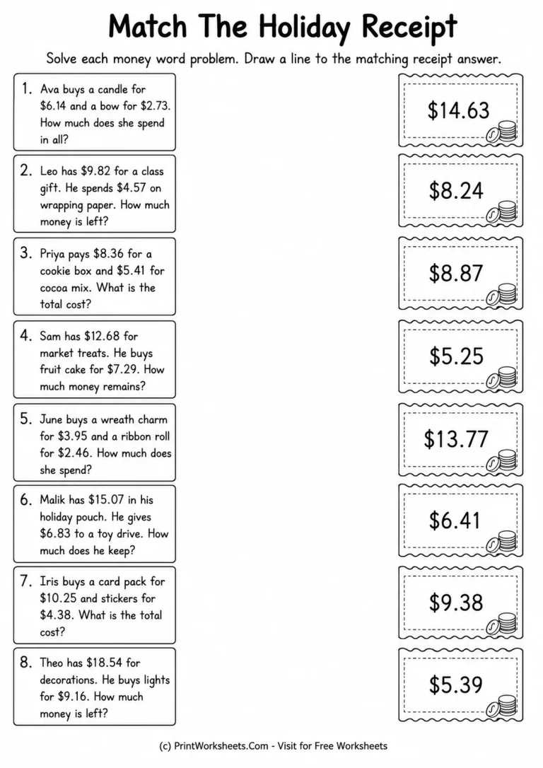 Match the Holiday Receipt Money Worksheet Grade 4 holiday money word problem matching